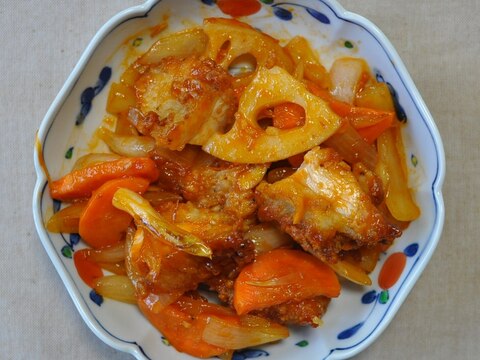 鶏唐揚げと根菜の甘酢あん炒め